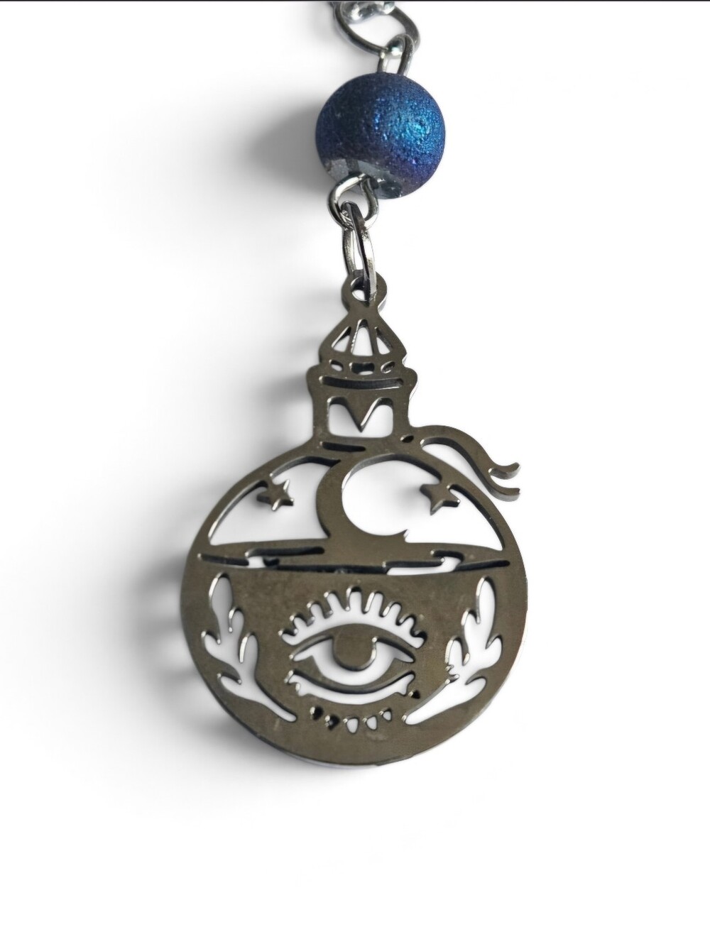 Potion Bottle Silver-tone Laser Cut Necklace with Blue Bead